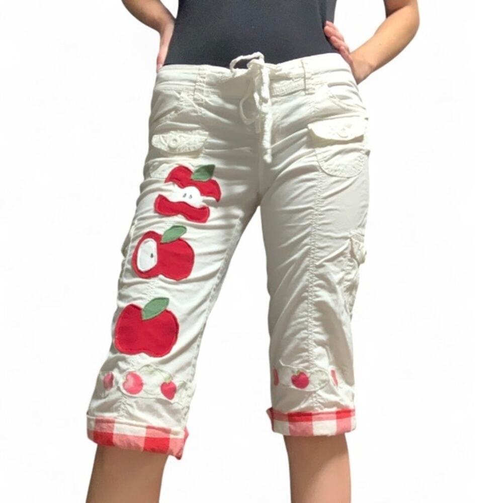 Custom Upcycled Y2K White Apple Patchwork Capri Pants Cottagecore